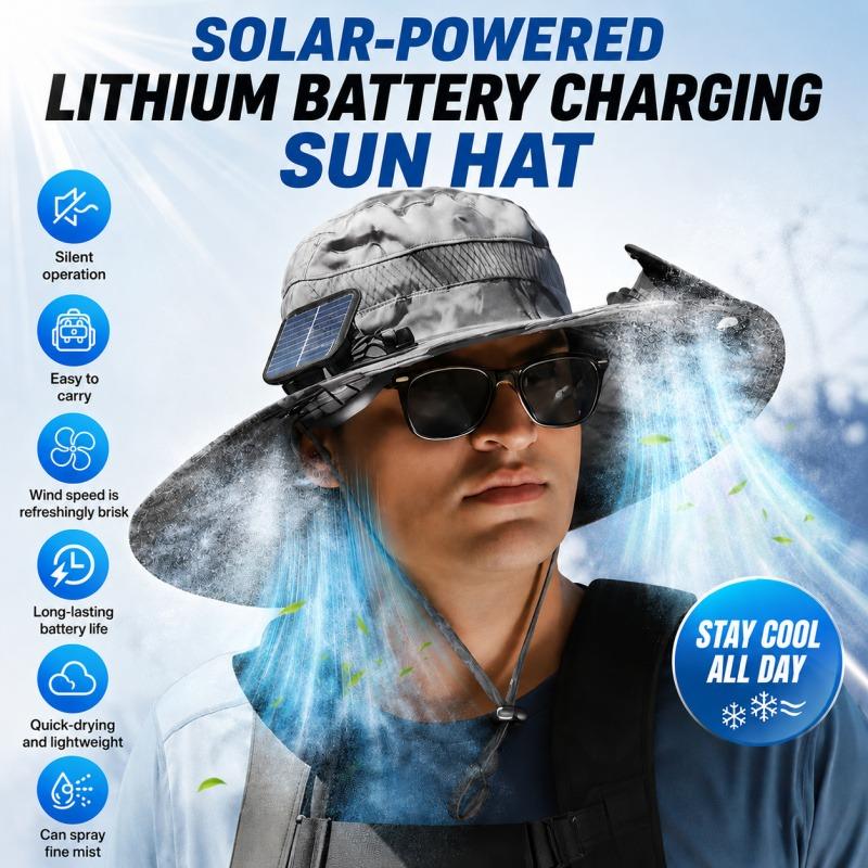 Solar-Powered Fan Sun Hat with Mist Spray, Wide Brim UV Protection Fishing Hat, Dual Fans, Solar & USB Dual Charging, Waterproof Quick-Dry, Adjustable Fit for Men Women Outdoor Hiking Gardening Work