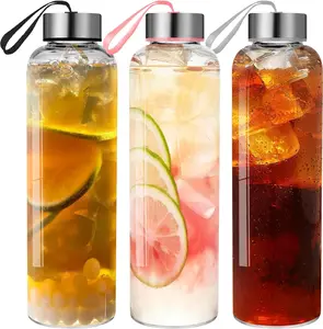 3 Packs Glass Water Bottles with Lid Clear Juice Bottles Reusable Bottle with Stainless Steel Cap Glass Cups Liquid Storage Containers for Juicing Beverage Refrigerator Travel-17oz