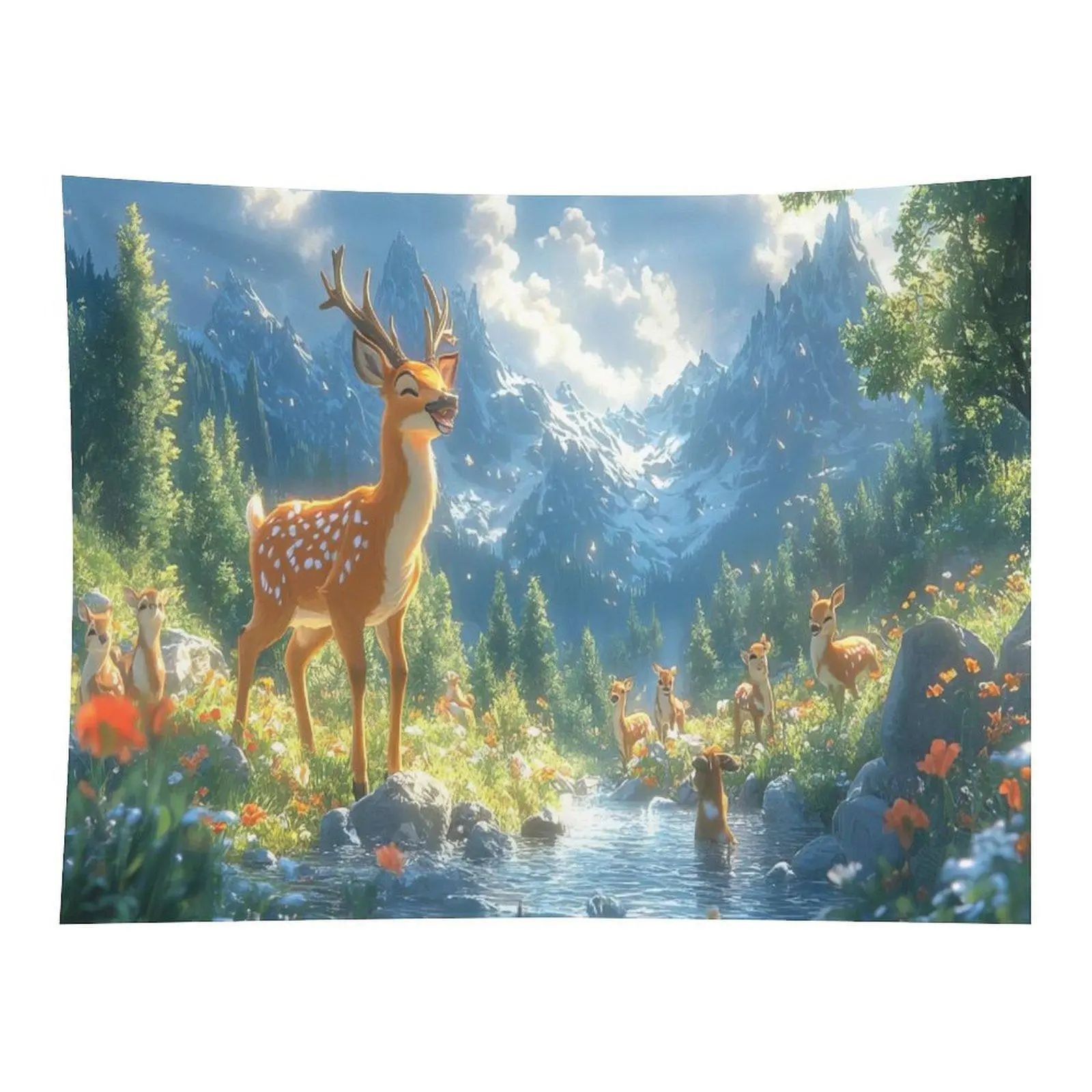 Anime Mountain Stream Sika Deer Wildflower Forest Scenery Wall Tapestry Wall Hanging, Cottagecore Woodland Animal Nature Nursery Kids Decor Backdrop