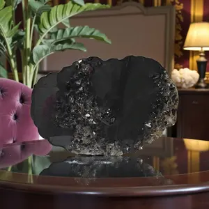 High-quality resin hand-designed 3D elegant crystallized artwork decor collection for displaying of candles, trinkets, vases, etc. Clear colored high-quality resin tray with black and clear crystals.
