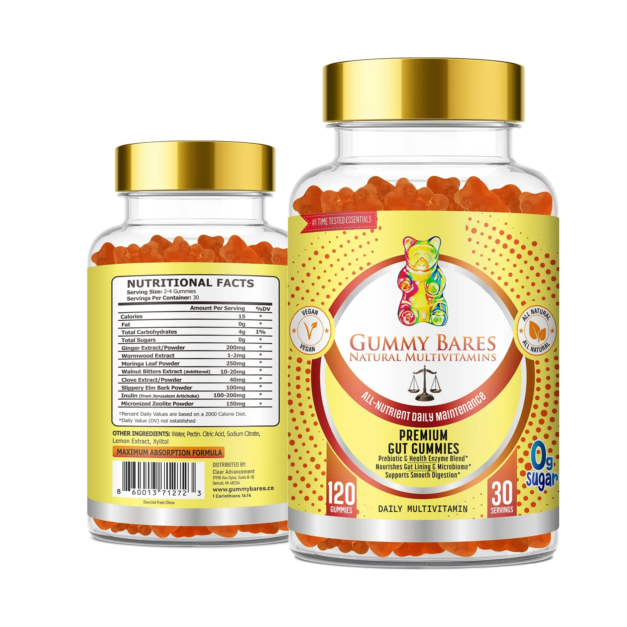 Gummy Bares Natural Multivitamins Gut Support Gummies with Prebiotic Fiber (Inulin) for Digestive Comfort, Gut Microbiome, Gas & Bloating, and Regularity Support | Feel Less Bloated | 120 Ct.