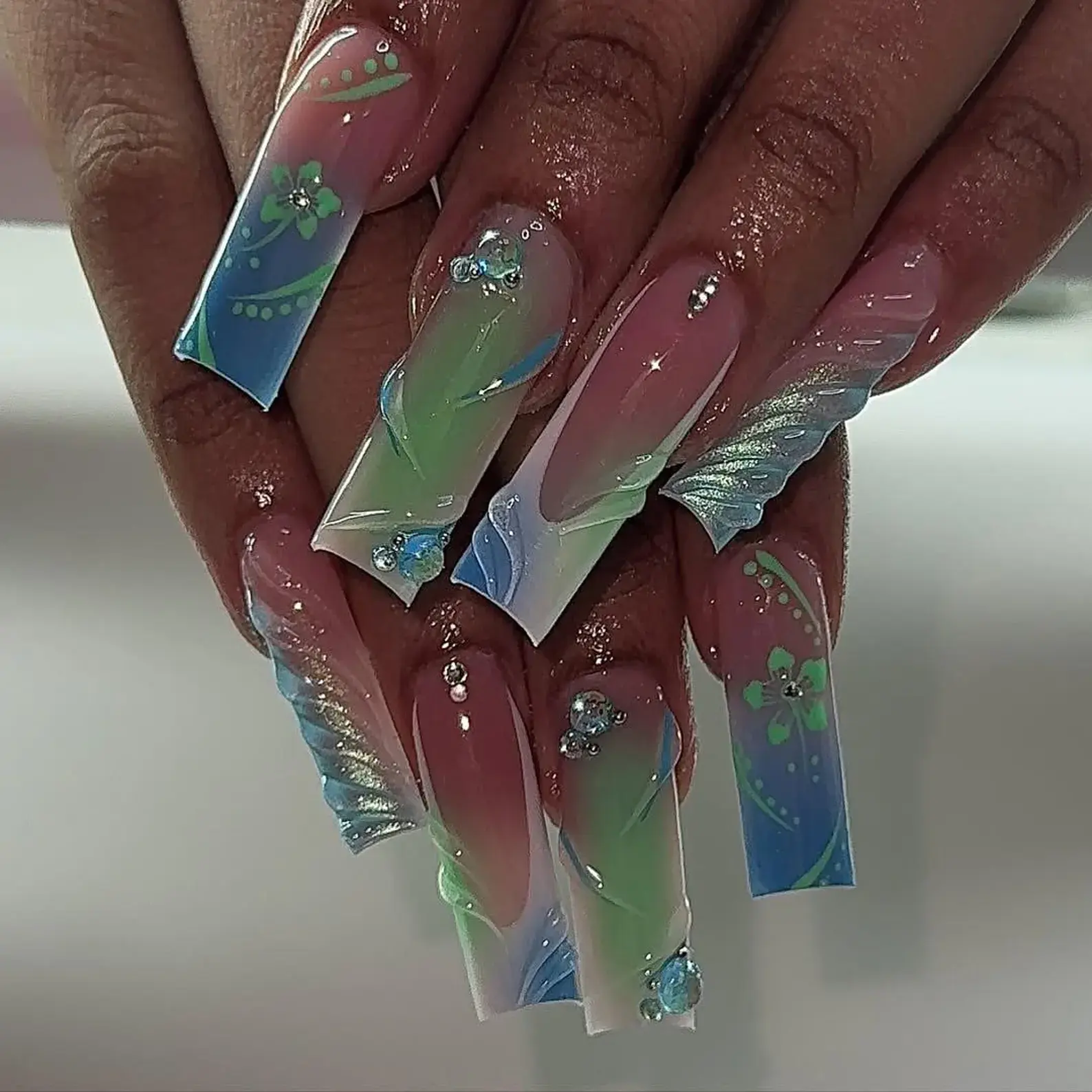 Baby Blue Blooming Press On Nails: 3D Gel Nail Art, Gold Beads, Handmade Blue French Nails, Long Square Nails