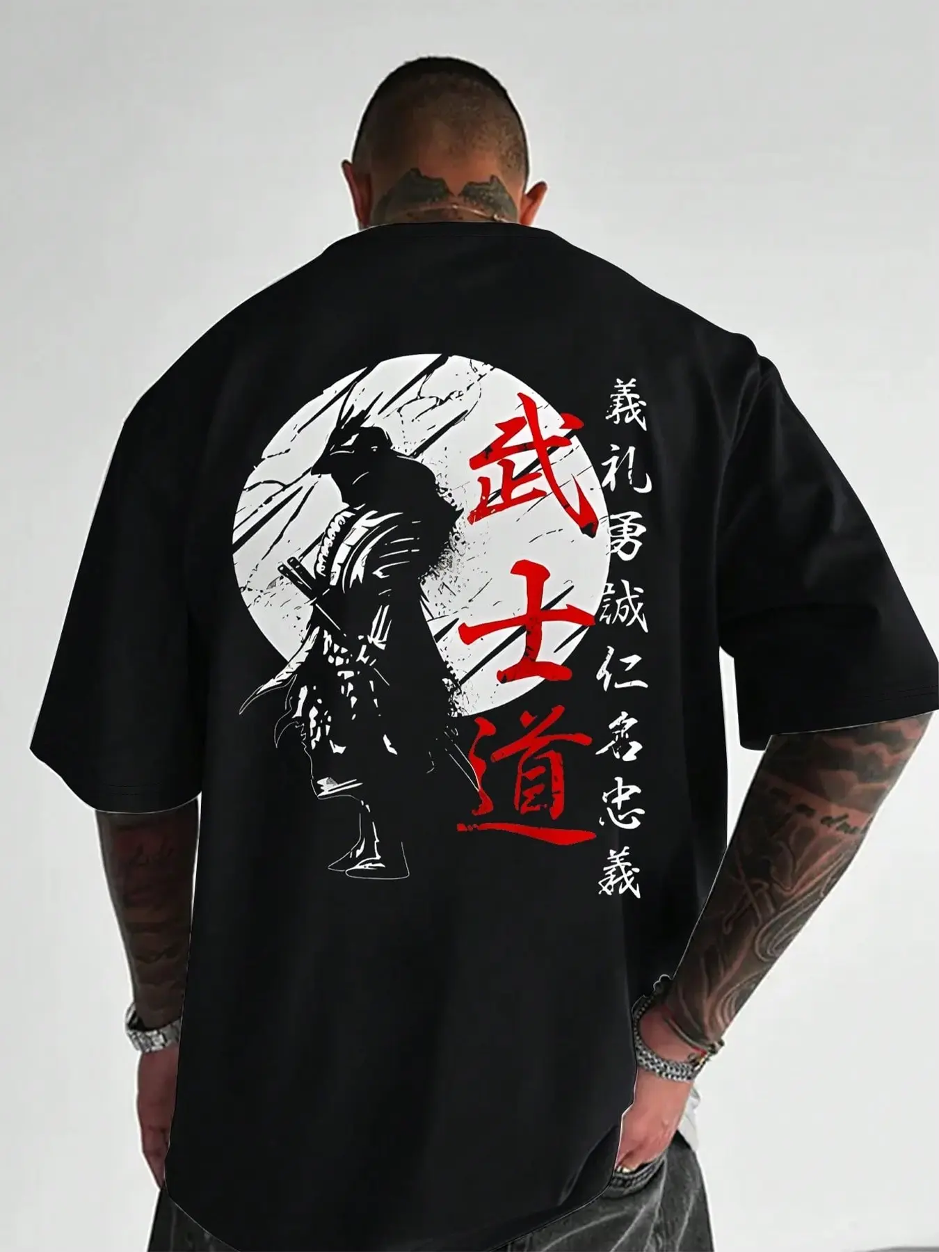 Men's Japanese Samurai "Bushido" Pattern Loose-Fitting T-Shirt, Retro Street Style Short-Sleeved Top, Suitable for Everyday Casual Wear, Streetwear, Menswear, Bold Graphic Tee