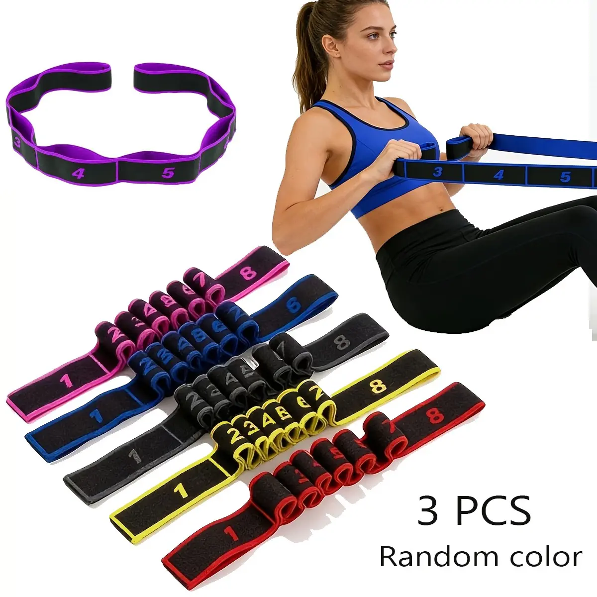 3pcs Random Color Dance Stretch Bands, 8-Section Dance Resistance Bands, Fitness Training Bands, Pilates Bands, Exercise Bands, Yoga Stretching Bands, Workout Bands For Legs