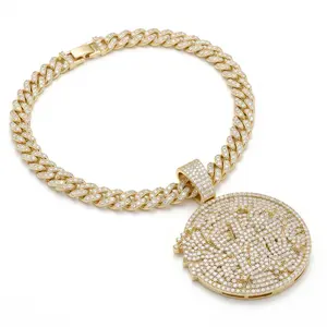 14K Gold Plated Iced Out Miami Cuban Link Chain for Men - Large Full Pavé Rhinestone Round Plate Medallion Pendant, Hip Hop Streetwear Costume Necklace engagement anniversary party jewelry gift