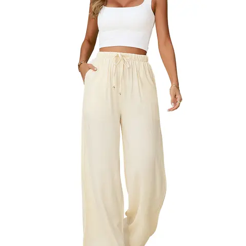 HEEKPEK Women's Cotton Linen Loose Wide-Leg Pants - Elastic Waisted, Drawstring, Flowy Solid Design, Basic Everyday Casual Comfortable Summer Beach Trousers #SummerWins SwimWeek