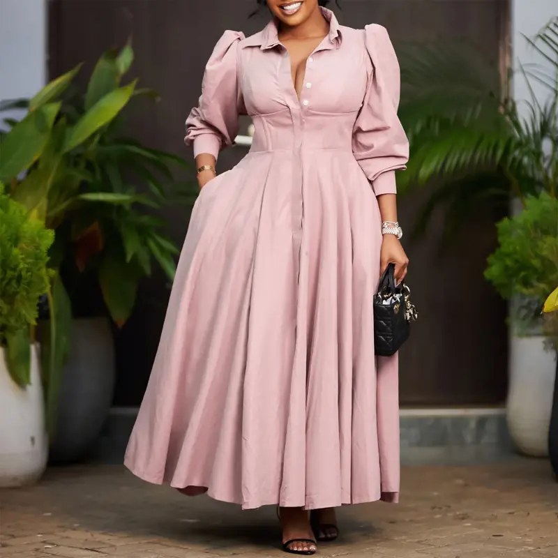 summer autumn clothes Trendy Elegant Casual Dresses Women's Summer Solid Color Long Sleeve A-line Maxi Shirt Dress Ladies Office Dress for Women Light Womenswear Check Gamis