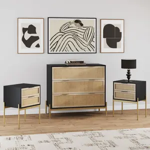 Black & Gold Rattan Nightstand and Dresser Set