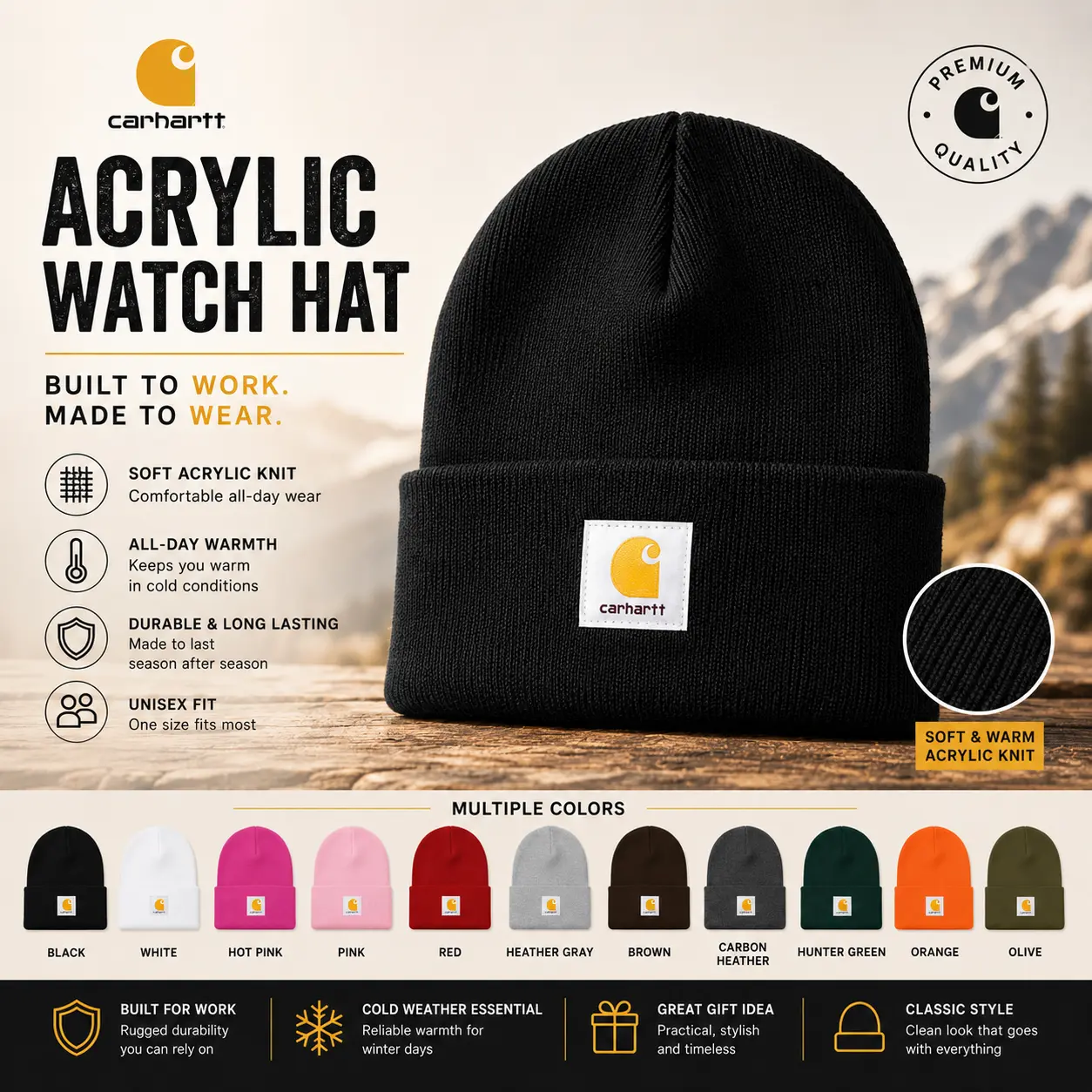 Carhartt Knit Watch Beanie Winter Hat for Men & Women Premium Acrylic Cuffed Stretch Cap Warm Soft Comfortable Outdoor Workwear Skull Cap Casual Streetwear Cold Weather One Size Adult Fashion Gift