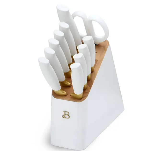 Beautiful 12 Piece Knife Block Set with Soft-Grip Ergonomic Handles White and Gold by Drew Barrymore