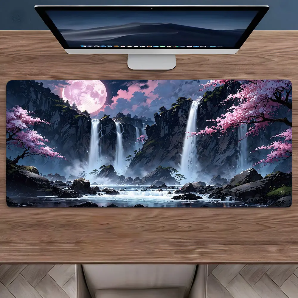 Enchanting Moonlit Waterfall & Cherry Blossom Pattern Large Gaming Mouse Pad,Desktop Protection Pad,Washable Rubber Pad Non-Slip Lock Edge Multi-Size Mouse Pad Suitable For Home Office, Desktop Accessory, Office Desk Accessories, Computer Desk Accessories