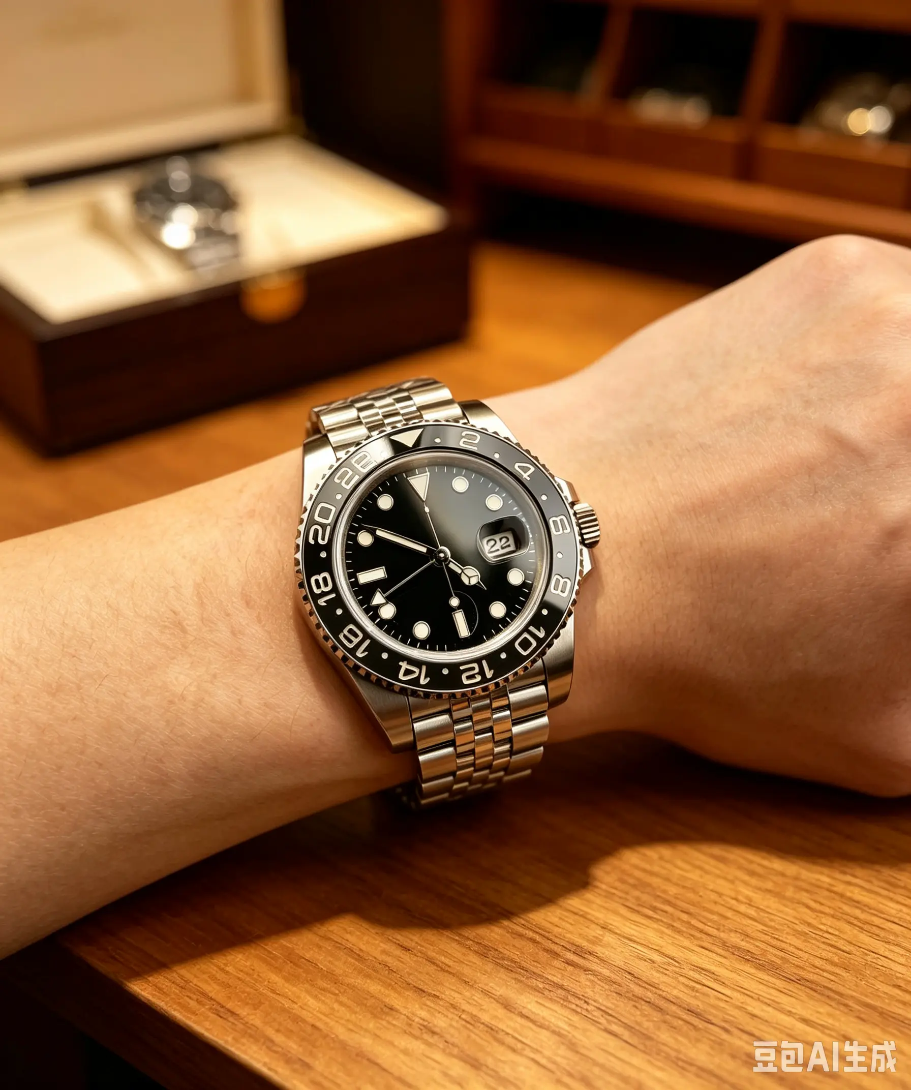 Men Automatic GMT Watch 40mm, 904L Solid Stainless Steel, Black Ceramic Bezel, Super Luminous Black Dial, Oyster Bracelet Business Wristwatch