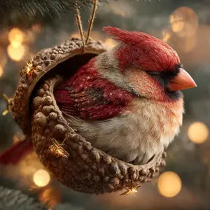 Lifelike Woodland Cardinal Acorn Christmas Ornament  Cozy Forest Animal Tree Decor