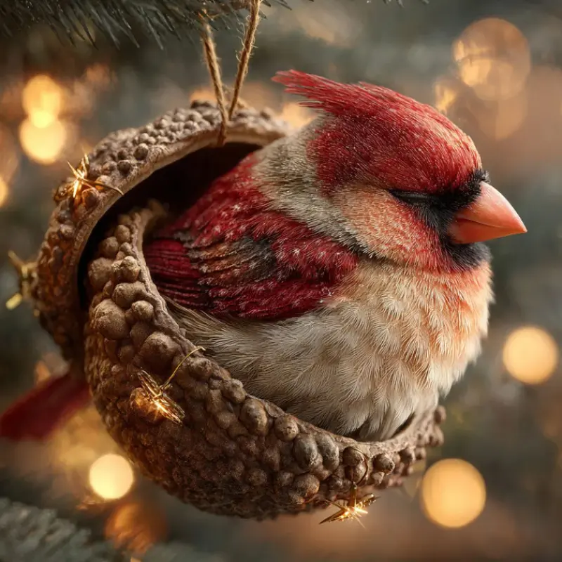 Lifelike Woodland Cardinal Acorn Christmas Ornament  Cozy Forest Animal Tree Decor