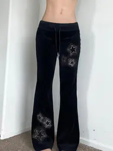 Women's Velvet Sweatpants with Cute Rhinestone Star Pattern, Loose-Fit Straight Leg Casual Streetwear Pants for Fall & Winter Casual Wear