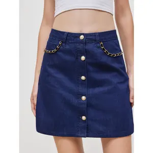 Cider [size 0-10] Denim Low Rise Solid Pearl Chain Detail Mini Skirt