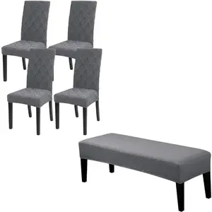 Chair Covers Bundle, Dining Room Chair Covers Set of 4, Dining Bench Cover Stretch Washable Upholstered Bench Slipcover(Grey)