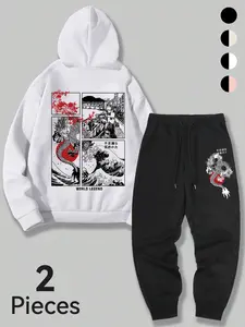 Men's Anime Streetwear Two-Piece Set, Fleece Hoodie & Drawstring Pants, Dragon & Wave Pattern, Comfortable Fit, Casual Urban Style