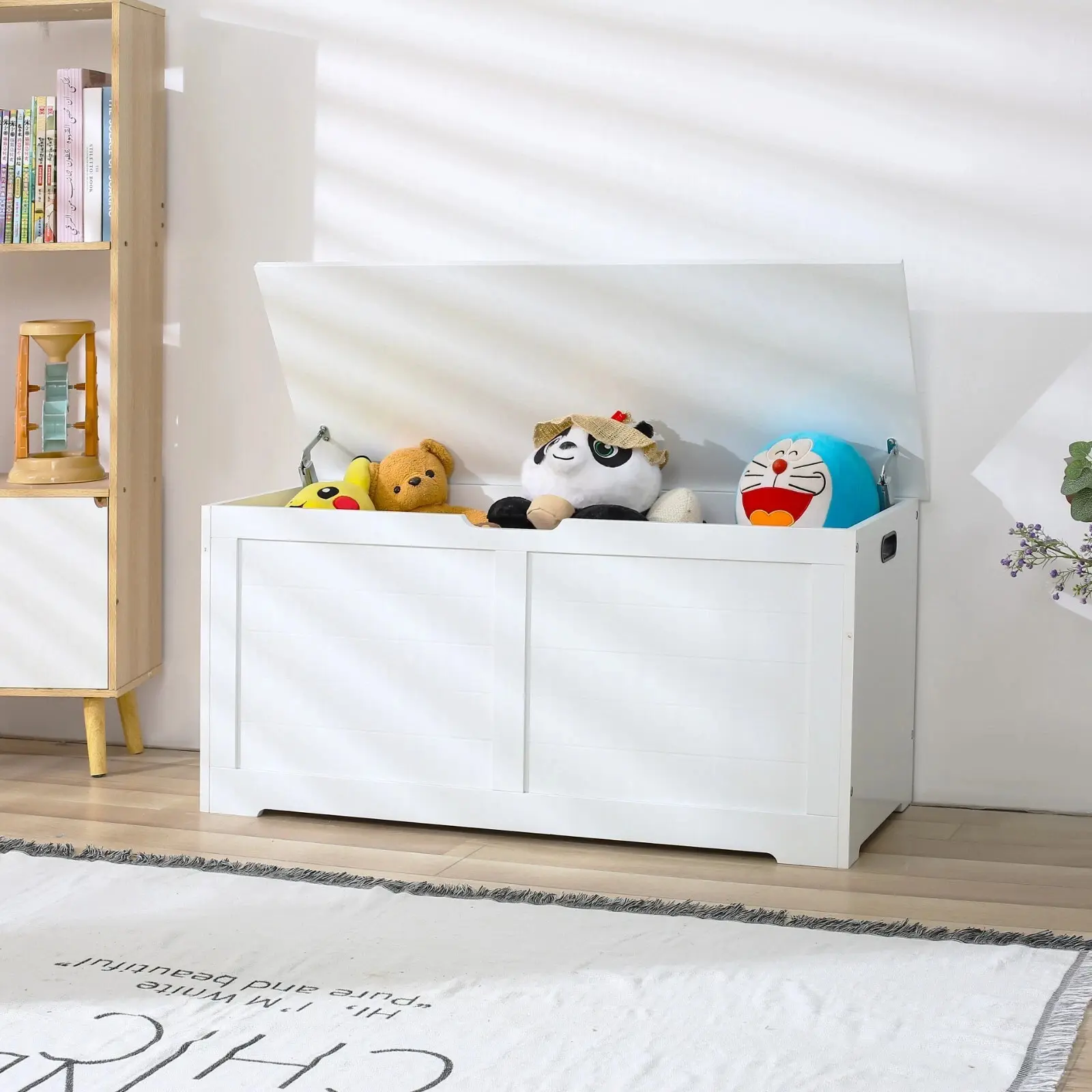 White Wooden Toy Box Chest with Safety Hinges, Kids Storage Bench & Toy Organizer Trunk for Playroom, Bedroom & Entryway (Holds 243 lbs)