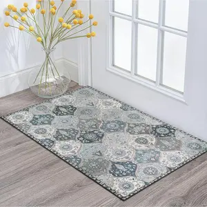 Moroccan Trellis Front Door Mat Indoor Entrance, 2x3 Rugs for Entryway Non-Slip Washable Indoor Door Mat, Oriental Small Rug for Bedroom Elise, Blue
