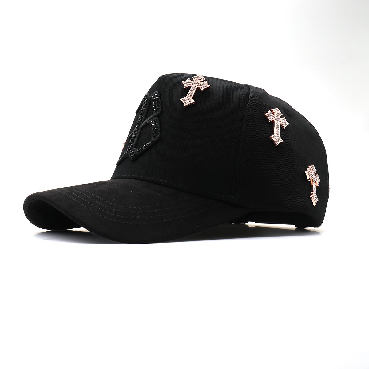 Black Streetwear Rhinestone Cross Snapback - Hip Hop Urban Style Adjustable Baseball Cap for Men Women