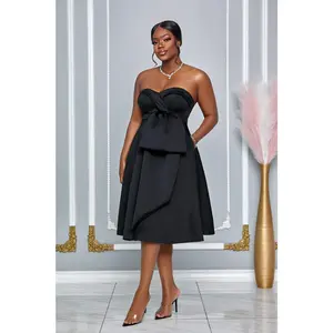 ELEGANCE STRAPLESS SIDE RUFFLE FLARE MIDI DRESS (BLACK)
