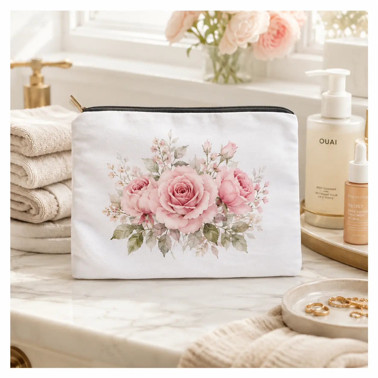 Women's Custom Floral Makeup Bag - Personalized Zipper Cosmetic Pouch for Travel Toiletry Storage