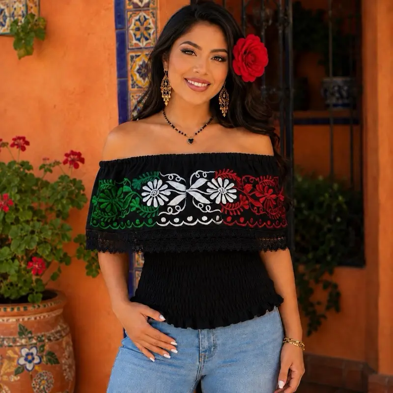 Women's Traditional Off-the-Shoulder Embroidered Mexican Crop Top Mexican Campesina Blusa Bordada Blouse for Women Tri Color