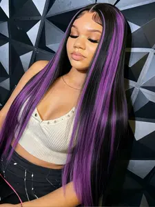 Black Purple Highlight 13x4 Lace Front Wig Money Piece Highlight Wig Free Part Straight Wig Pre Plucked Natural Hairline Heat-Resistant Synthetic Wig Concert Look Straight Wig Music Festival Look Lace Frontal Wigs for Women Daily Wear 28 Inches