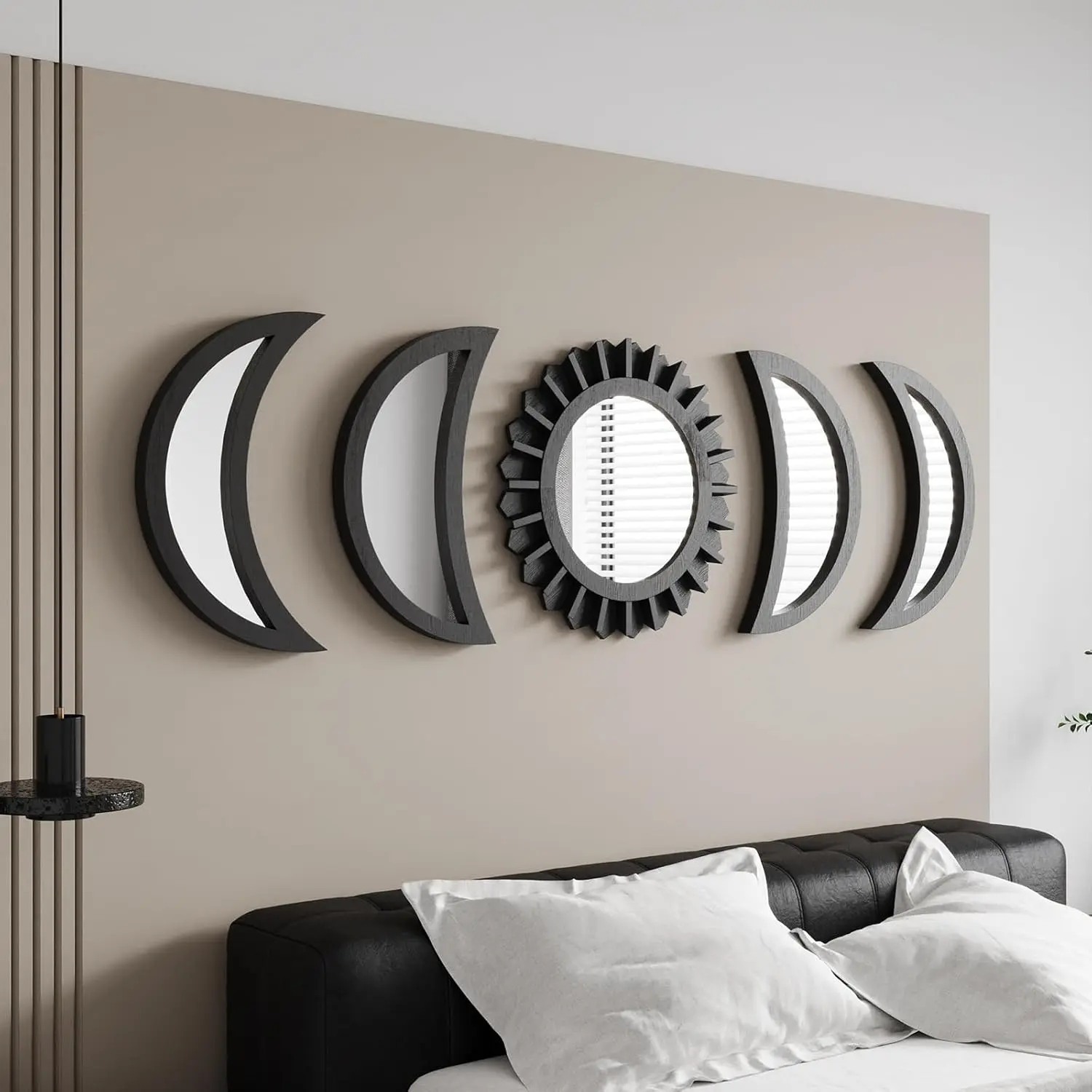 Wall Mirror, Moon Phase Mirror Set, Wall Decor for Bedroom, Bohemian 5 count Wooden and Real Glass Mirror with  Clear Reflection, Boho Decor, Multi-Angle Installation (Black)