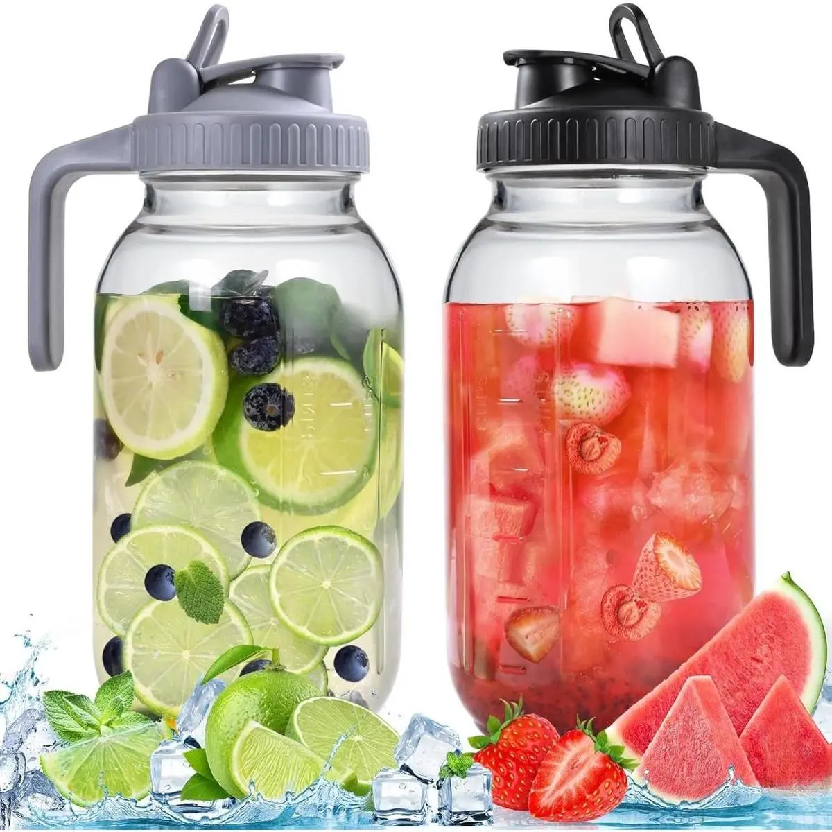 64OZ Glass Pitchers with Secure Airtight Leak-Proof Lids, Set of 2 Wide-Mouth Sun & Moon Mason Jars Containers for Cold Brew Coffee, Iced Tea, Food Storage (Indoor Leisure Use)