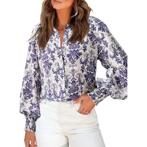 Dokotoo Women's Casual V Neck Allover Floral Print Long Sleeve Chiffon Button Down Blouses Bohemian Top Shirts