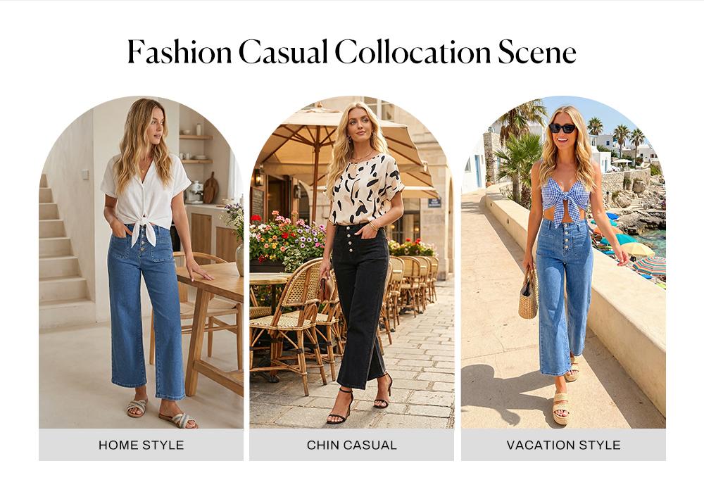 Sidefeel Women's Wide Leg Jeans High Waisted Zimbaplatinum Stretchy Straight Leg Jeans Buttoned Loose Denim Pants with Pocket