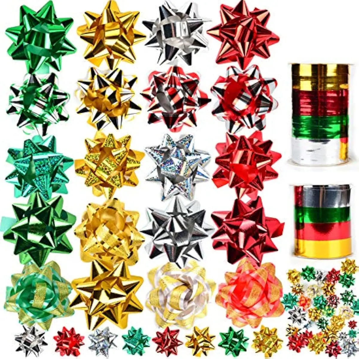 50 PCS Christmas Bows and Gift Ribbons with 48 Multi-Colored Assorted Size Self Adhesive Gift Bows and 2 Rolls of Curling Ribbons for Gift, Present Wrapping Decoration