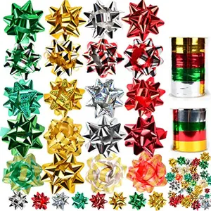 50 PCS Christmas Bows and Gift Ribbons with 48 Multi-Colored Assorted Size Self Adhesive Gift Bows and 2 Rolls of Curling Ribbons for Gift, Present Wrapping Decoration