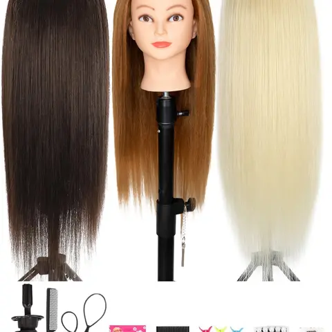 26 Inch Cosmetology Mannequin Head with Synthetic Hair Styling Head for Hairdresser Training Head Manikin Doll Head Long Hair Mannequin Head for Practice Braiding Updos with Clamp