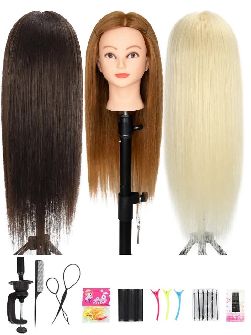 26 Inch Cosmetology Mannequin Head with Synthetic Hair Styling Head for Hairdresser Training Head Manikin Doll Head Long Hair Mannequin Head for Practice Braiding with Clamp