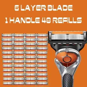 Men's Razor Blade Replacement 24/48PCS Sharp Handheld Razor Blade with 1 Handle for Daily Use, Six-Layer Blade Head Shaver Kit for Comfort & Smoothness #SummerVibes #FathersDay #GiftForDad