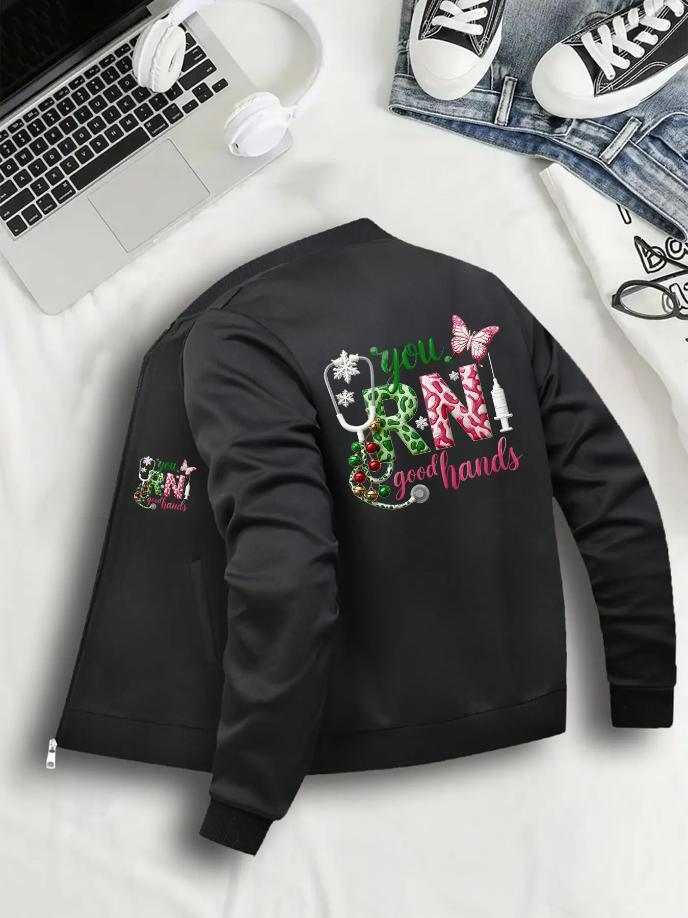 Women's Christmas Graphic Print Zipper Bomber Jacket, Casual Fitted Design, Lightweight, All Seasons Wear, Sizes S-Xxl