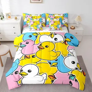 Colorful Duck Bed in A Bag for Kids Boys Girls ,Cartoon Duck Comforter Set,Graffiti Rustic Animal Bedding Set,Cute Farmhouse Animal Reversible Bed Set,with Sheet Set