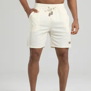 Men's Cream Vertical Ribbed Fabric Drawstring (Decorative Buckle) Casual Shorts