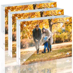 3 Pack 4x6 Acrylic Picture Frames - 20% Thicker Double Sided Magnetic Frame with UV Protection - Freestanding Clear Frameless Display for Tabletops - Modern Photo Frame Set for Home & Office Decor
