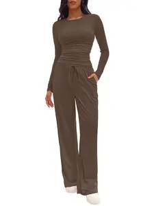Women's 2-Piece/6-Piece Plain Slim-Fit Long Sleeve Top Pants Sleepwear Set, Soft Comfortable Homeewear, Casual Yoga Wear