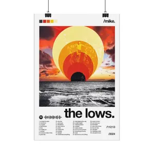 Mike The Lows Album Tracklist Canvas Print,Retro Gradient Sunset Ocean Spotify Code Wall Poster,Vintage Beach Circular Sun Graphic Music Art Print, decoration for bedroom,music studio,cafe,thoughtful wall decor gift for Mike fans indie music lovers