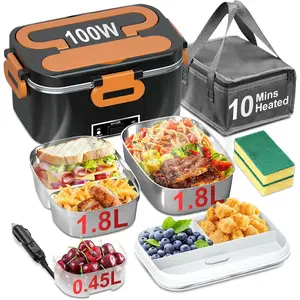 Electric Lunch Box for Adults - 2 Pack 1.8L Container 100W Heated Lunch Box for Men Fast Heating  Heater Portable with ON/OFF , 0.6L Compartment Lid for , , Office (12V/24V/110V)