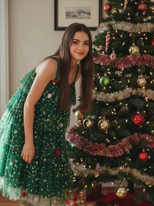 Green 1960s Christmas Tree Pom-Pom Balls Mesh Dress with Star Embellishments and Layered Design for Festive Occasions 100% Polyester Above The Knee Length