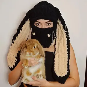 Y2K Sweet Spicy Handmade Thickened Fleece Hat Devil Horn Mask Long Bunny Ears Heart Detail Winter Cozy Accessory Funny Hat