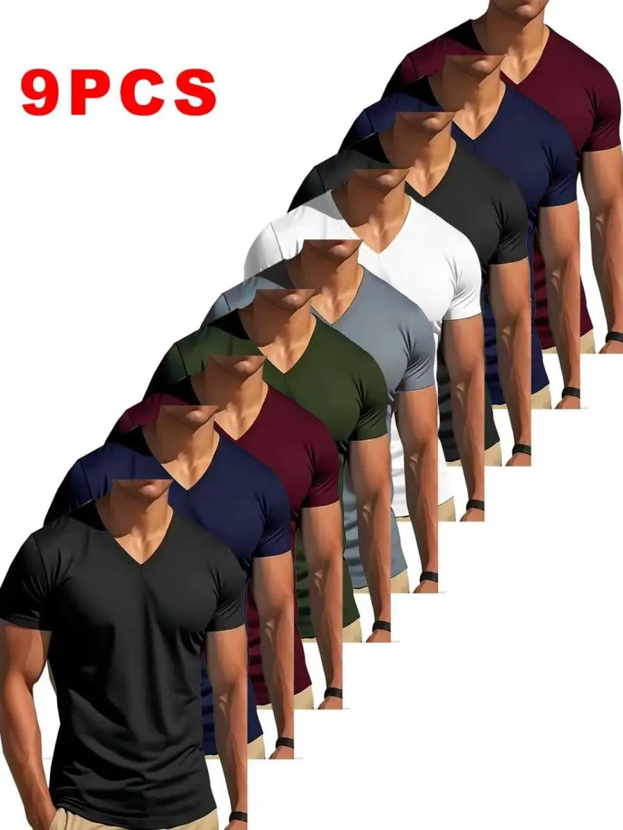 MTTYYD 9-Pack Men Multi-Color Solid V-Neck Short Sleeve T-Shirts Lightweight Quick Dry Moisture Wicking Polyester Breathable Athletic Tops Machine Washable For Outdoor Running Gym Exercise Summer Daily Casual Multipack
