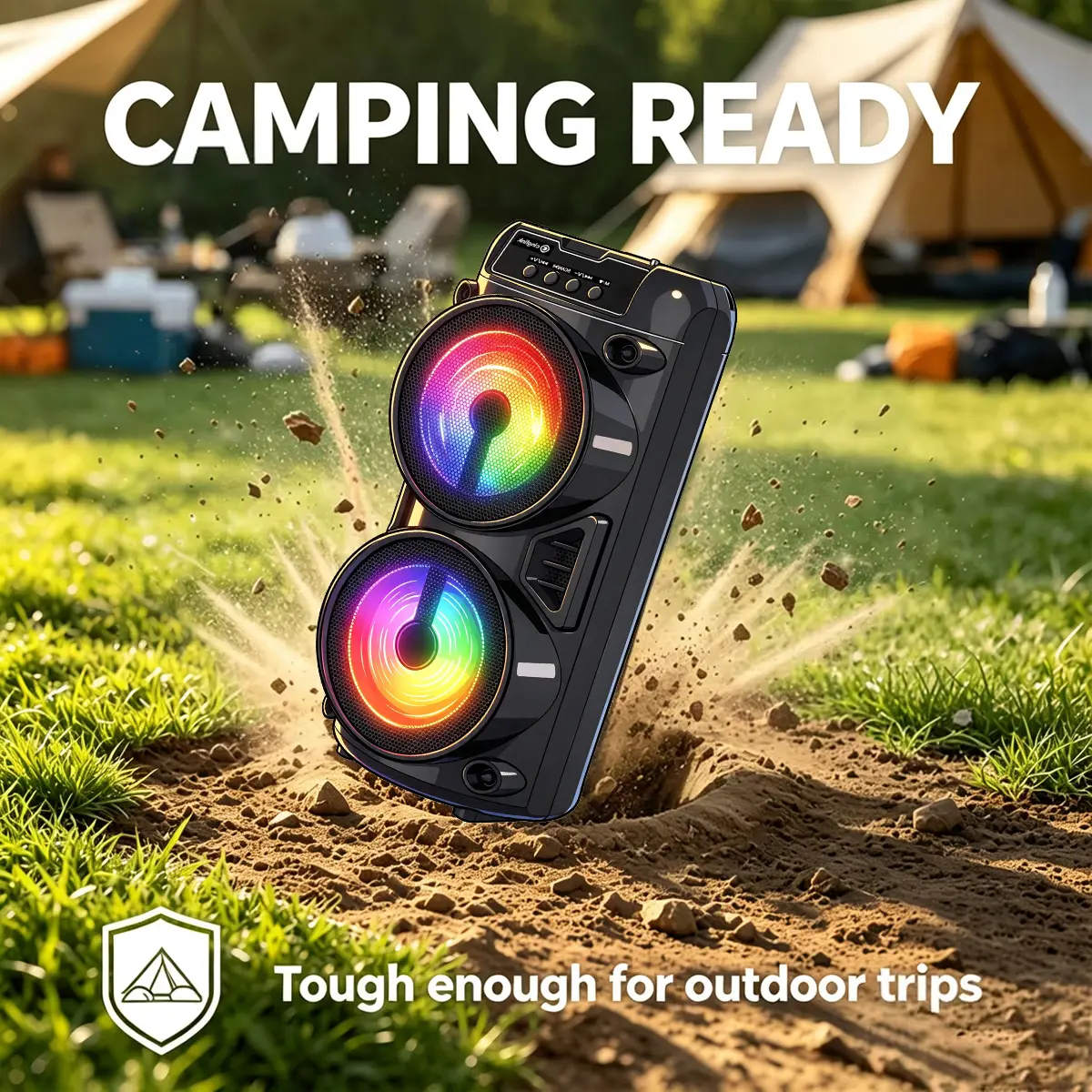 Portable Bluetooth Speaker - RGB LED Lights, Stereo Sound, 30ft Range, Rechargeable Li-Ion Battery, USB Charging, Compact ABS Body, Floor Stand, Rechargeable Speaker System for Home, Outdoor Use