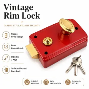 Vintage Door Lock Reinforcer, Metal Anti-Theft Door Lock with Key, Screw Fixed Wooden Door Security Latch, Easy Installation